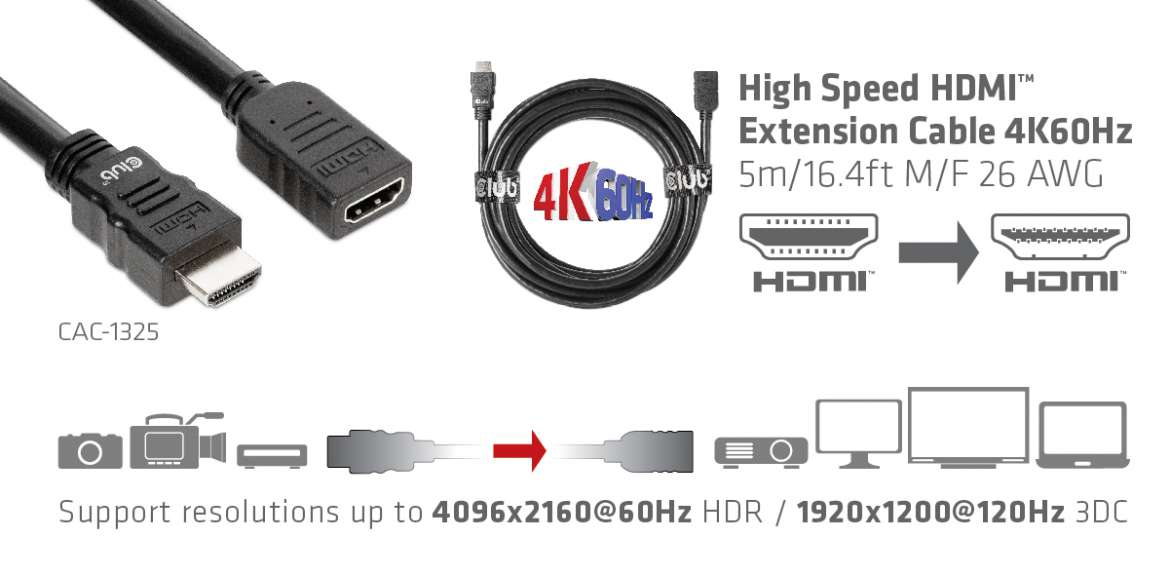 CAC-1325 High Speed HDMI™ Extension Cable 4K60Hz M/F 5m/16.4ft 26 AWG